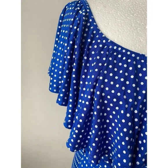 Quiz Royal Blue / White Polka Dot Dress Size 14 Off the Shoulder - Picture 2 of 4